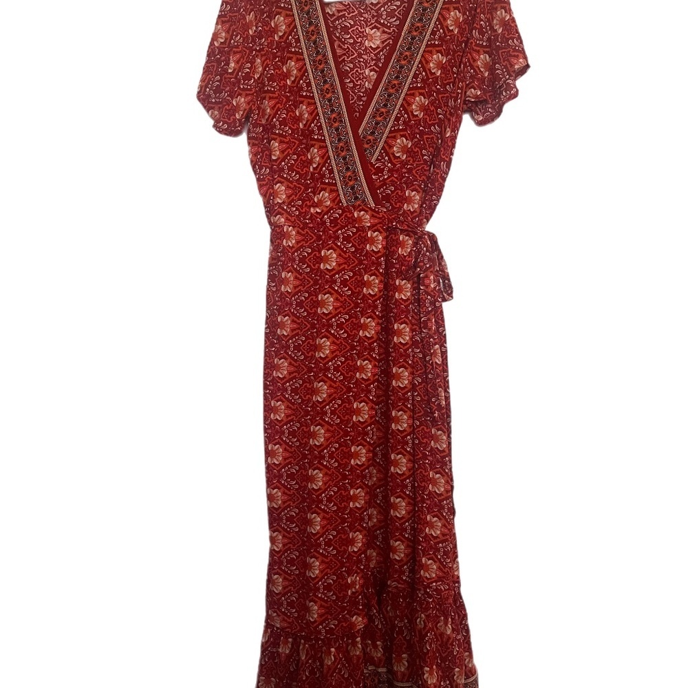 Red Floral Maxi VNeck Sexy Feminine Ruffles Flowy Sun Dress